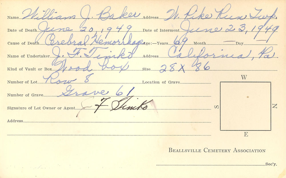 William J. Baker burial card
